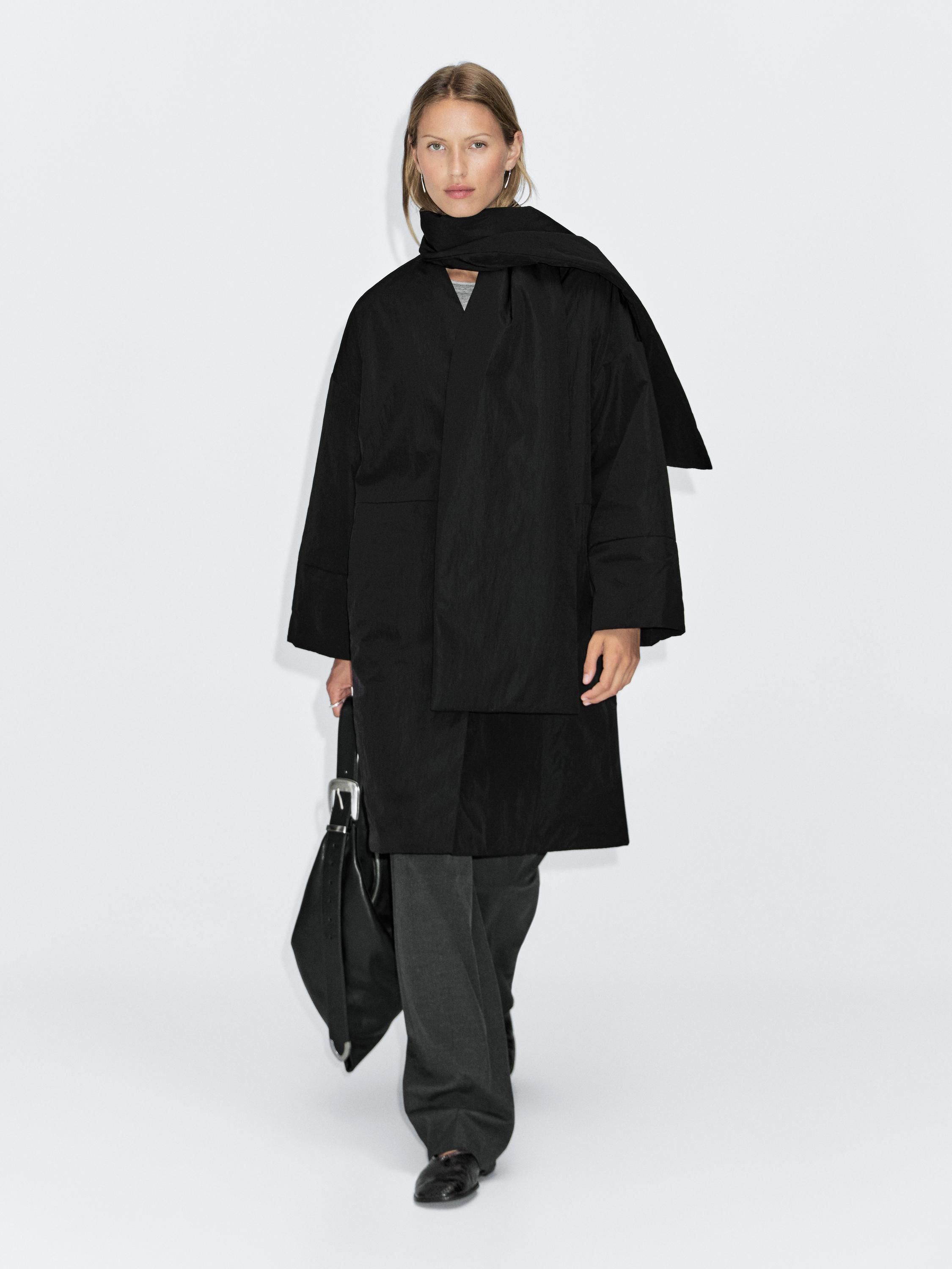 Long water-repellent padded coat with scarf detail